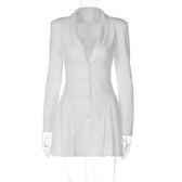 Deep V-Neck Long Sleeve Button Front Pleated Mini Dress 6