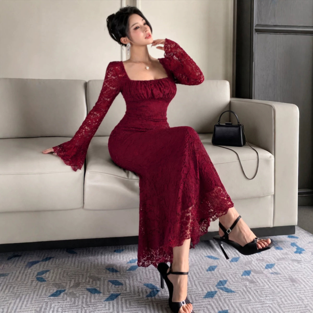Autumn Women Clothing Fashionable Elegant Slimming Mesh Square Collar Lace Dress