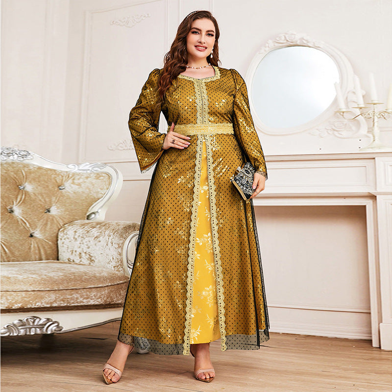 Plus Size Polka Dot Mesh Overlay Lace Trim Belted Long Sleeve Maxi Dress