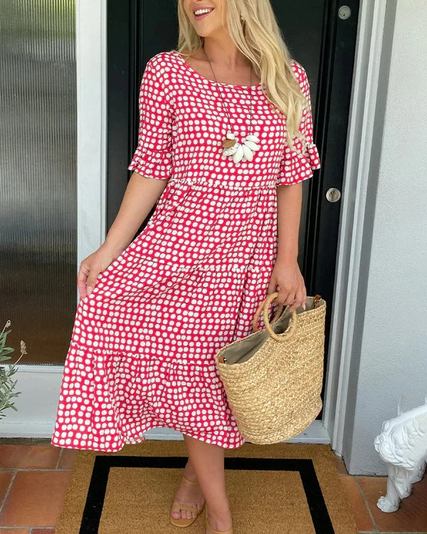 Polka Dot Short Sleeve Tiered Midi Dress