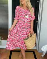 Polka Dot Short Sleeve Tiered Midi Dress