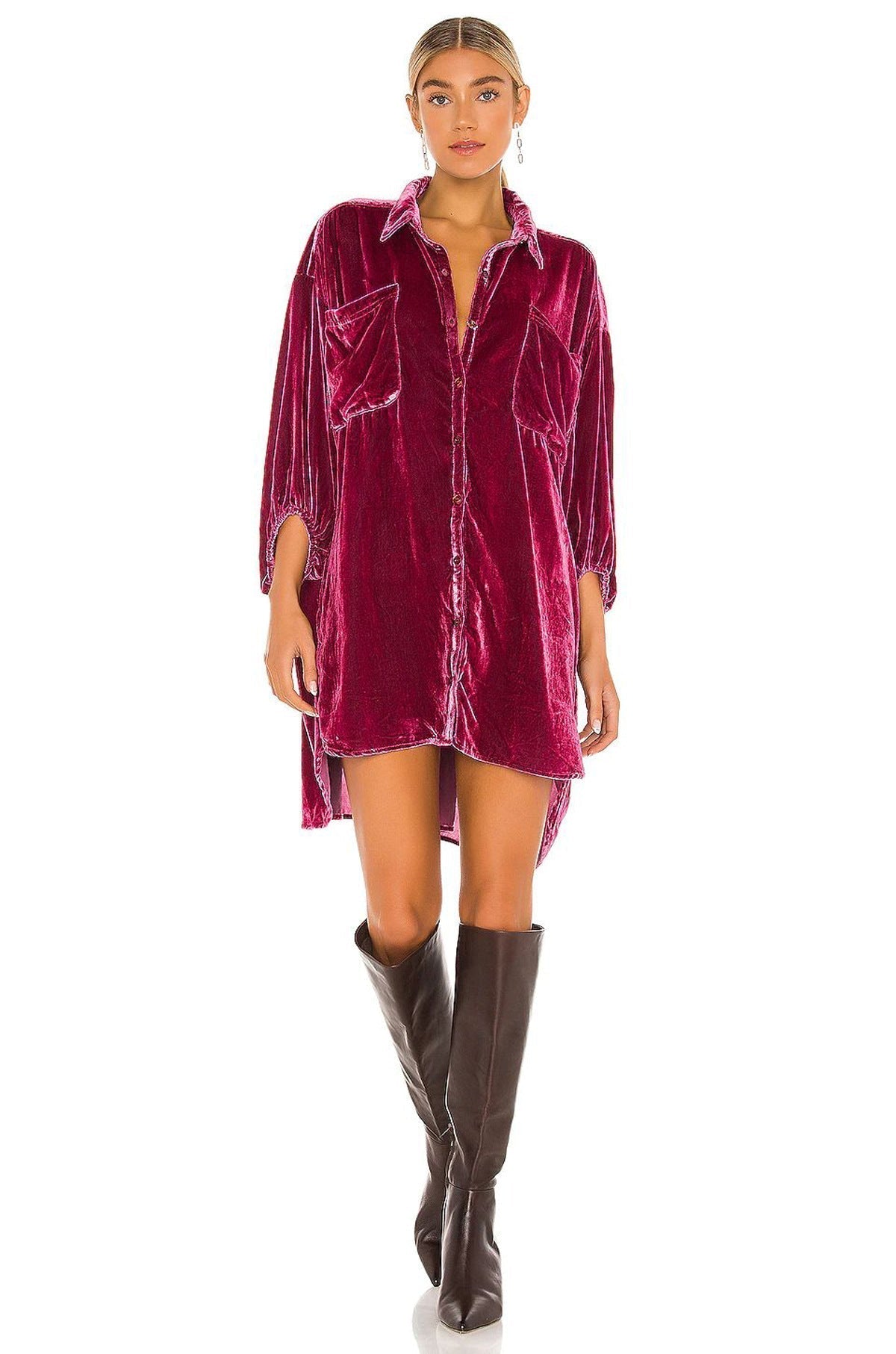 Velvet Collared Button Front Chest Pocket High Low Oversized Shirt Dress
