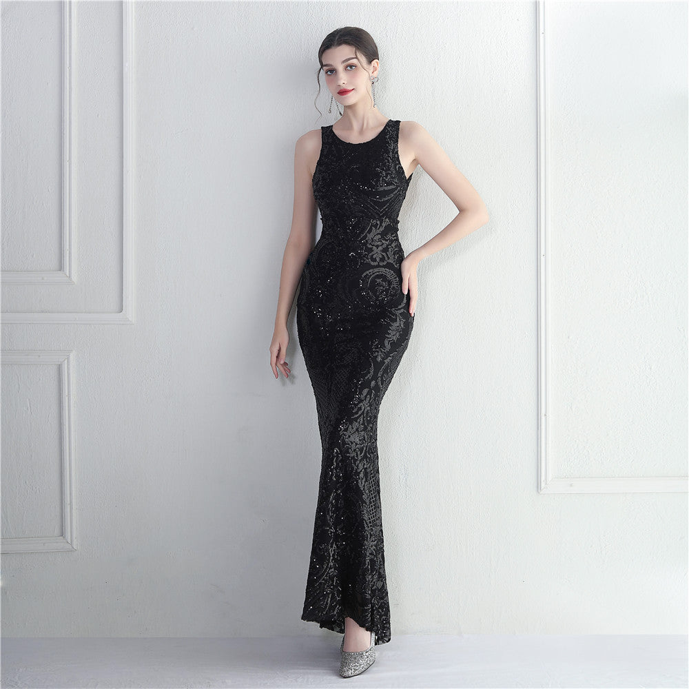 Damask Sequin Embroidered Sleeveless Open Back Mermaid Evening Gown 6