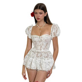 Lace Sweetheart Puff Sleeve Tiered Mini Dress 2
