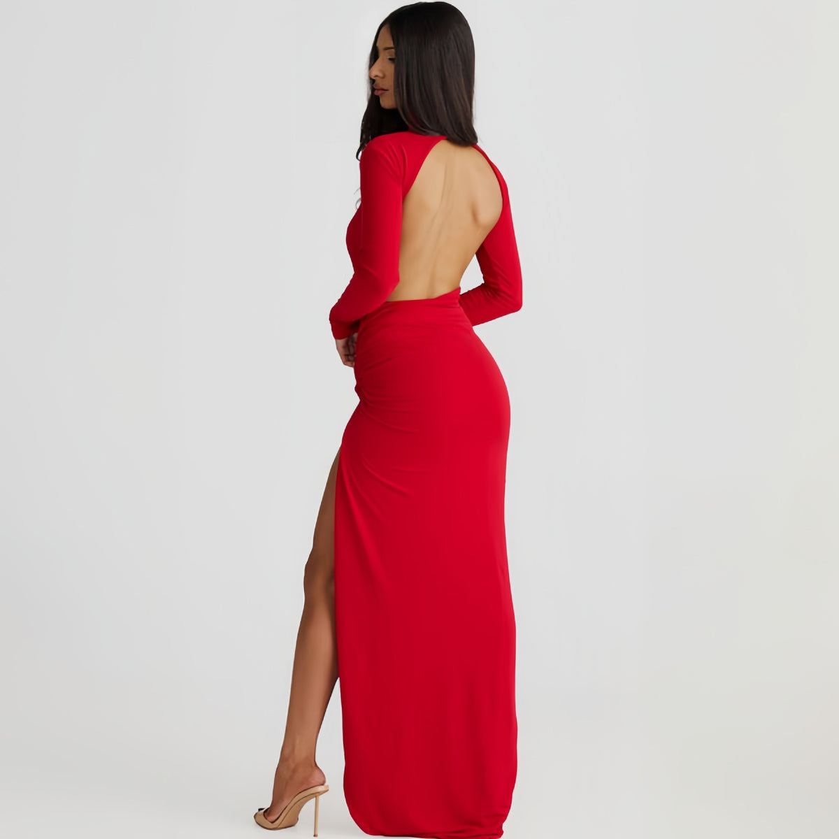Mock Neck Long Sleeve Rosette Ruched High Split Maxi Dress 2