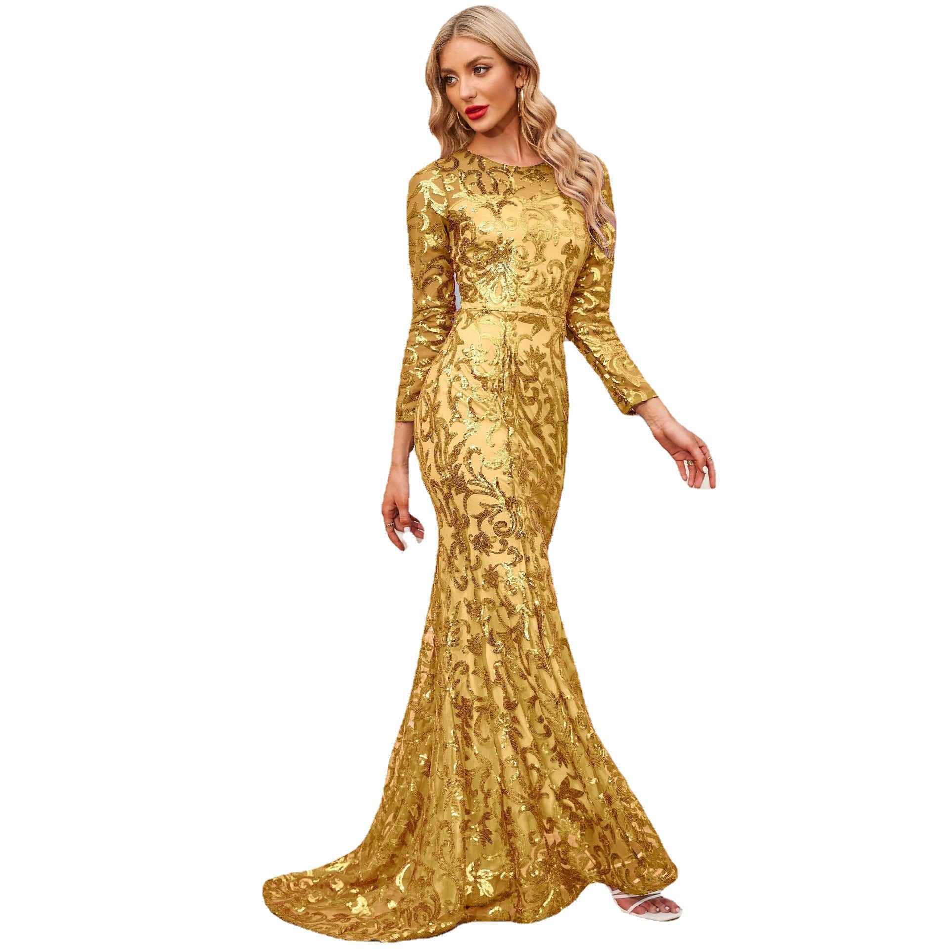 Sequined Dress Purple Crew Neck Long Evening Dress Long Sleeve Dress