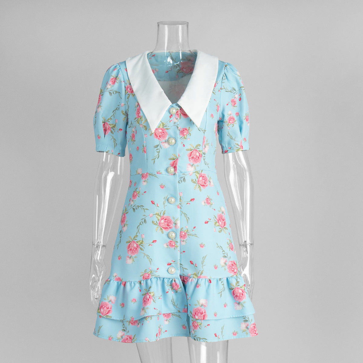 Floral Puff Sleeve Collar Button Front Ruffle Mini Dress 7