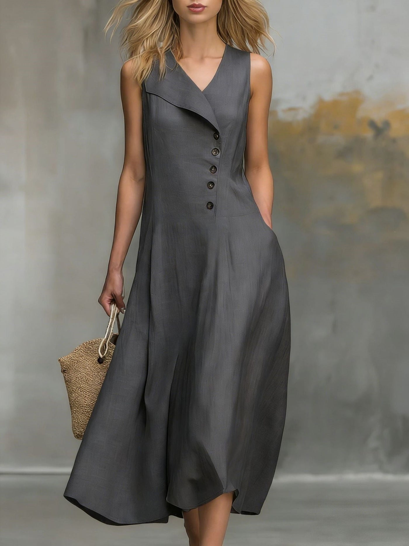 Sleeveless Lapel Button Front A-Line Linen Midi Dress 7
