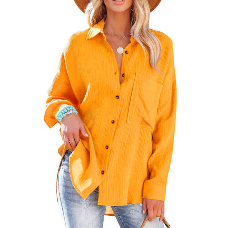 Collared Long Sleeve Button Down Textured Pocket Shirt