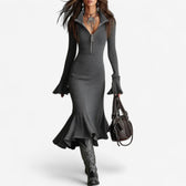 High Neck Zip Ribbed Knit Long Sleeve Mermaid Dress