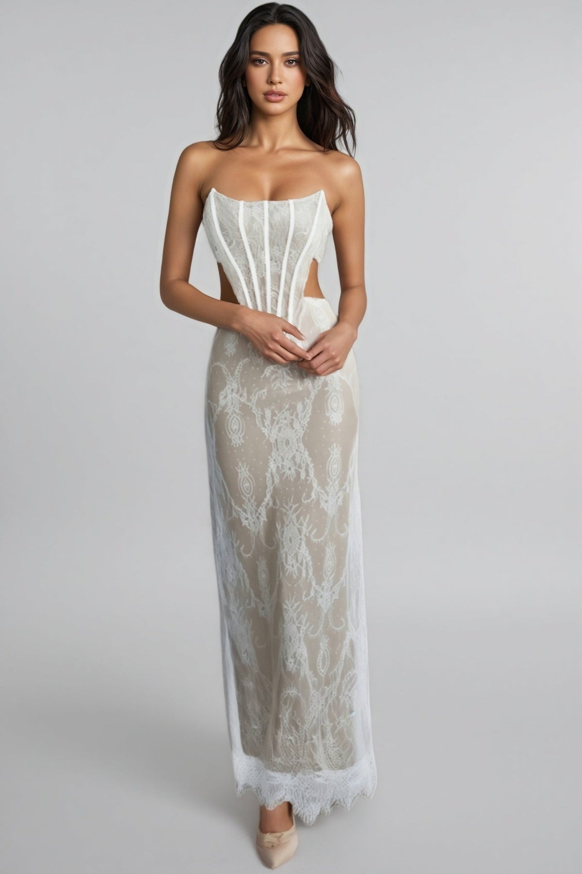 Strapless Corset Boning Side Cut Out Lace Column Maxi Dress