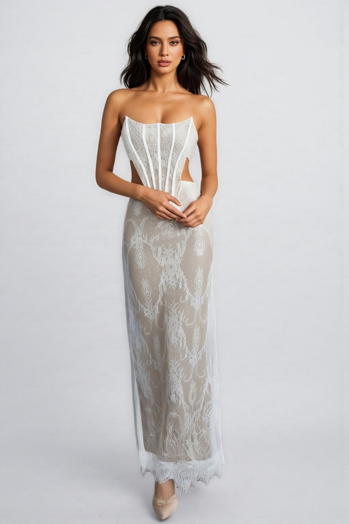 Strapless Lace Corset Bodice Side Cut Out Maxi Dress 2