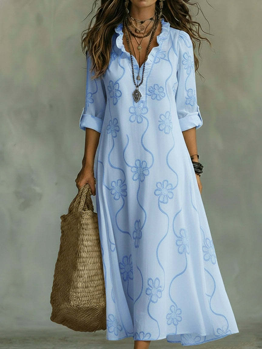 Floral Embroidered Ruffle V-Neck Roll Tab Sleeve A-Line Maxi Dress 5