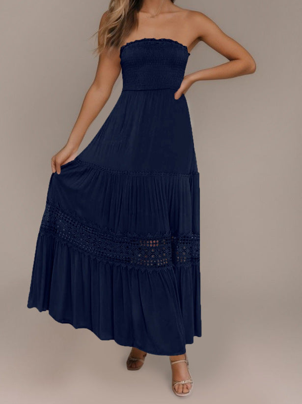 Strapless Smocked Bodice Crochet Lace Insert Tiered Boho Maxi Dress 5