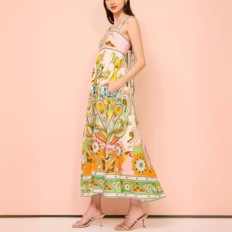Paisley Print Smocked Back Tie Strap Sleeveless Swing Maxi Dress 2