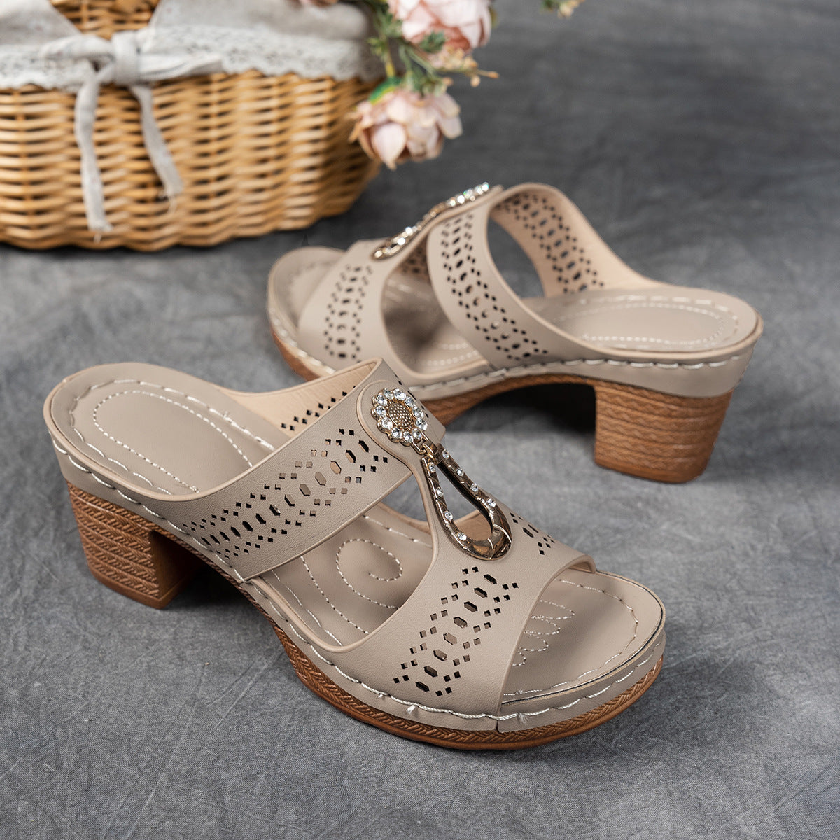 Open Toe Cut Out Embellished Block Heel Platform Slides