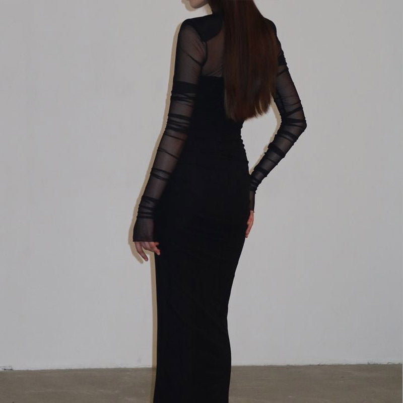 Sheer Mesh Mock Neck Padded Shoulder Ruched Long Sleeve Bodycon Dress 4
