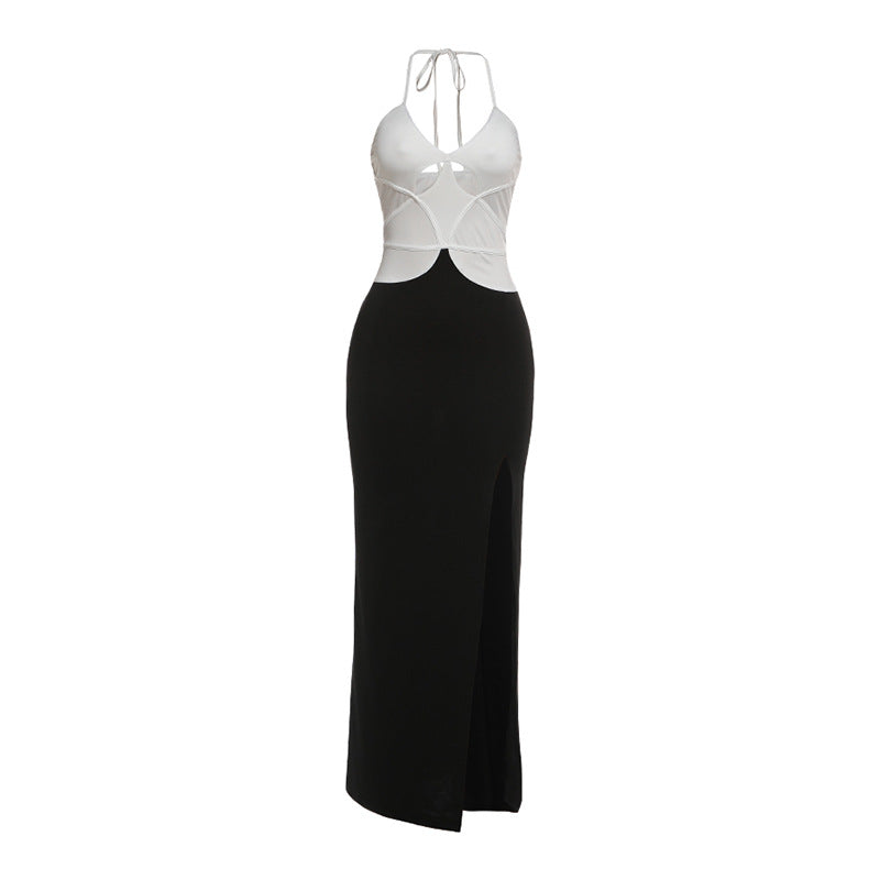 Color Block Halter Neck Cut Out Bodice High Split Maxi Dress 2