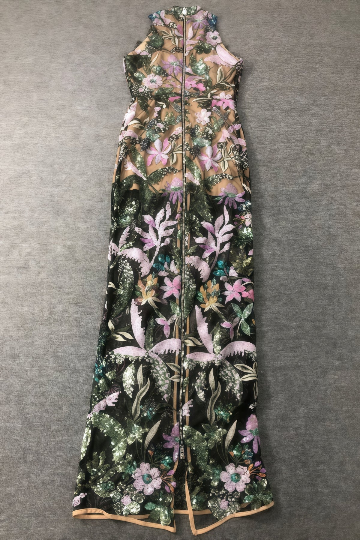 Floral Embroidered Sequin Mesh Mock Neck Sleeveless Column Maxi Dress 5