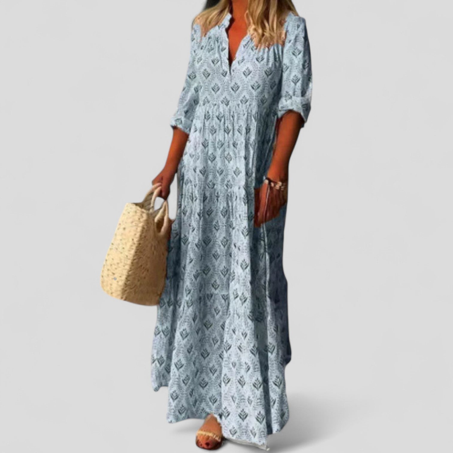 Print Short Sleeve Tiered Boho Maxi Dress