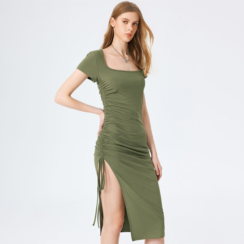Ribbed Square Neck Short Sleeve Ruched Drawstring Side Bodycon Midi Dress 4