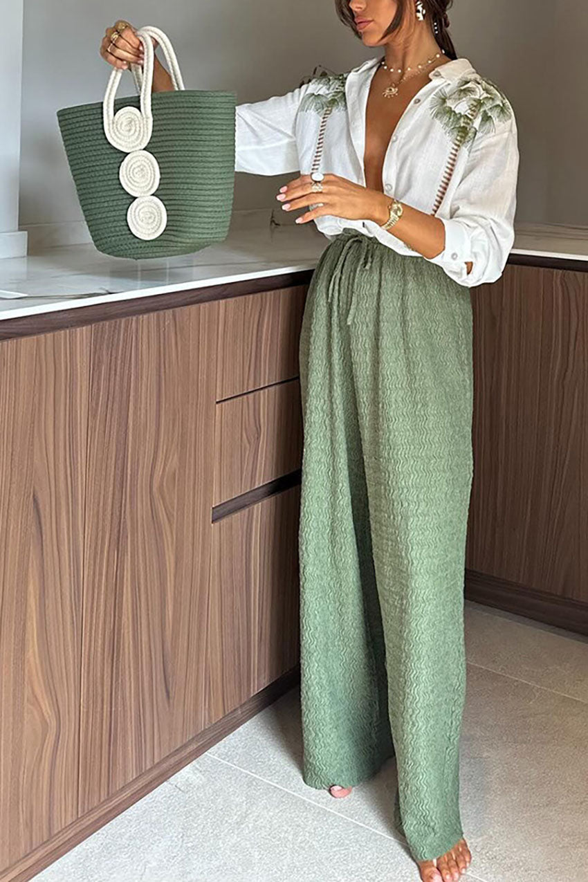 Printed long-sleeved single-breasted top and wide-leg pants suit