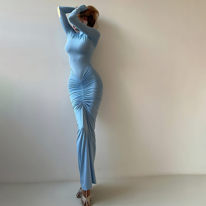 Mock Neck Long Sleeve Ruched Front Bodycon Maxi Dress 2