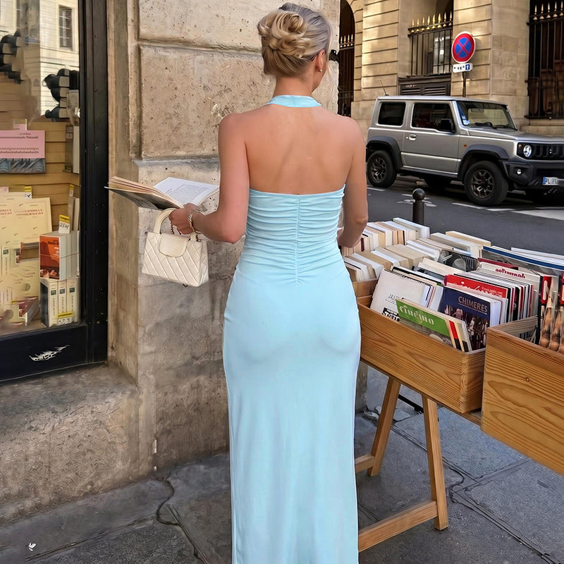 Women Clothing Summer Sexy Backless Pleated Halter Slim Fit Dress Women