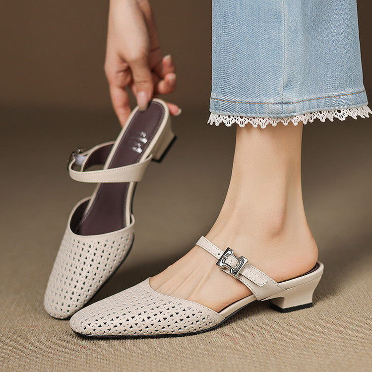 Square Toe Cut Out Buckle Block Heel Mules
