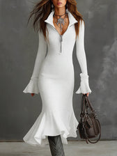 Ribbed Knit Long Sleeve Zip Front Mermaid Midi Dress 6