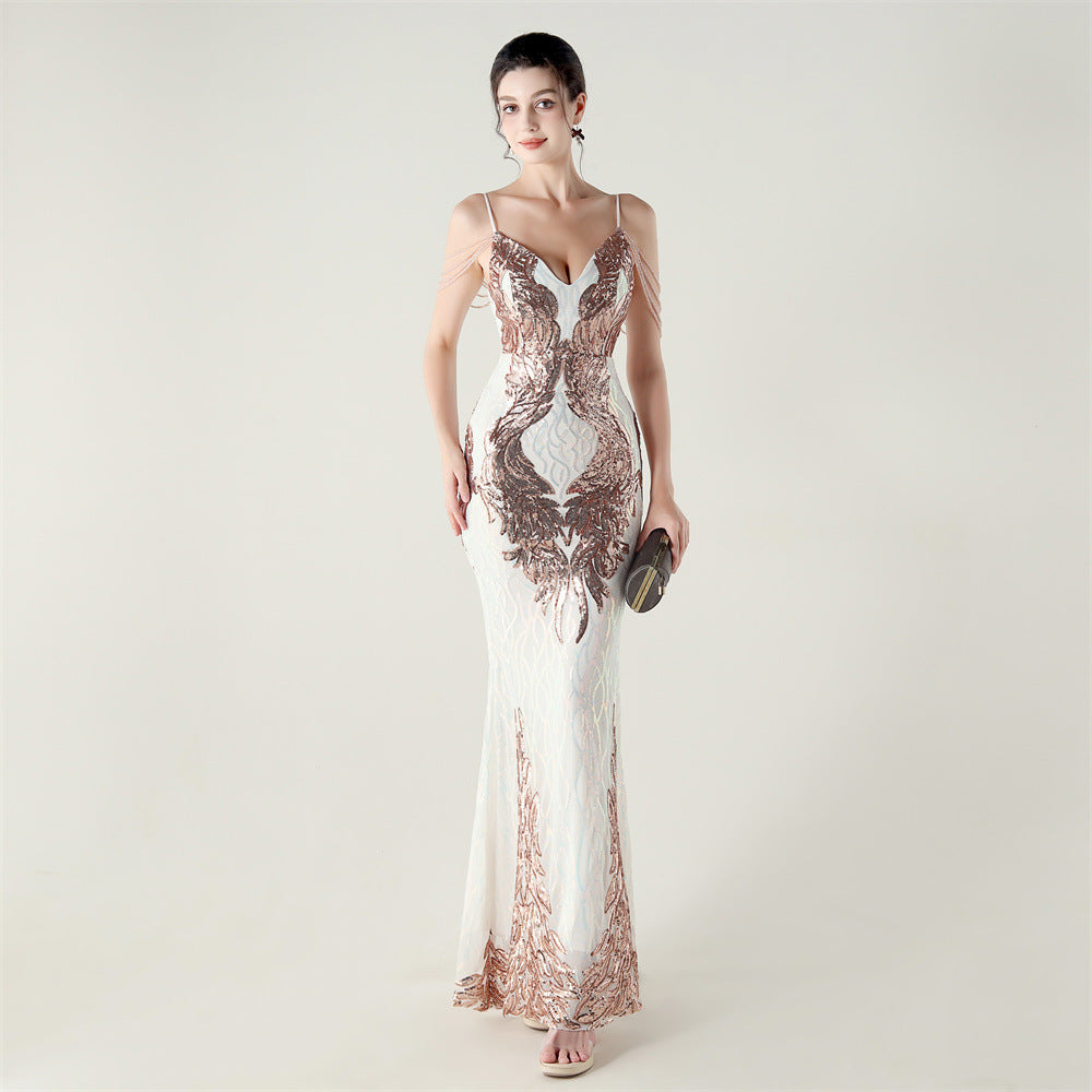 Embellished Beaded Link Positioning Floral Embroidered Sequ Deep V Plunge neck Backless Evening Dress Performance Cocktail Host - FashionAxe