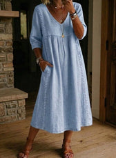 V-Neck Lace Trim Linen Pocket Midi Dress 11