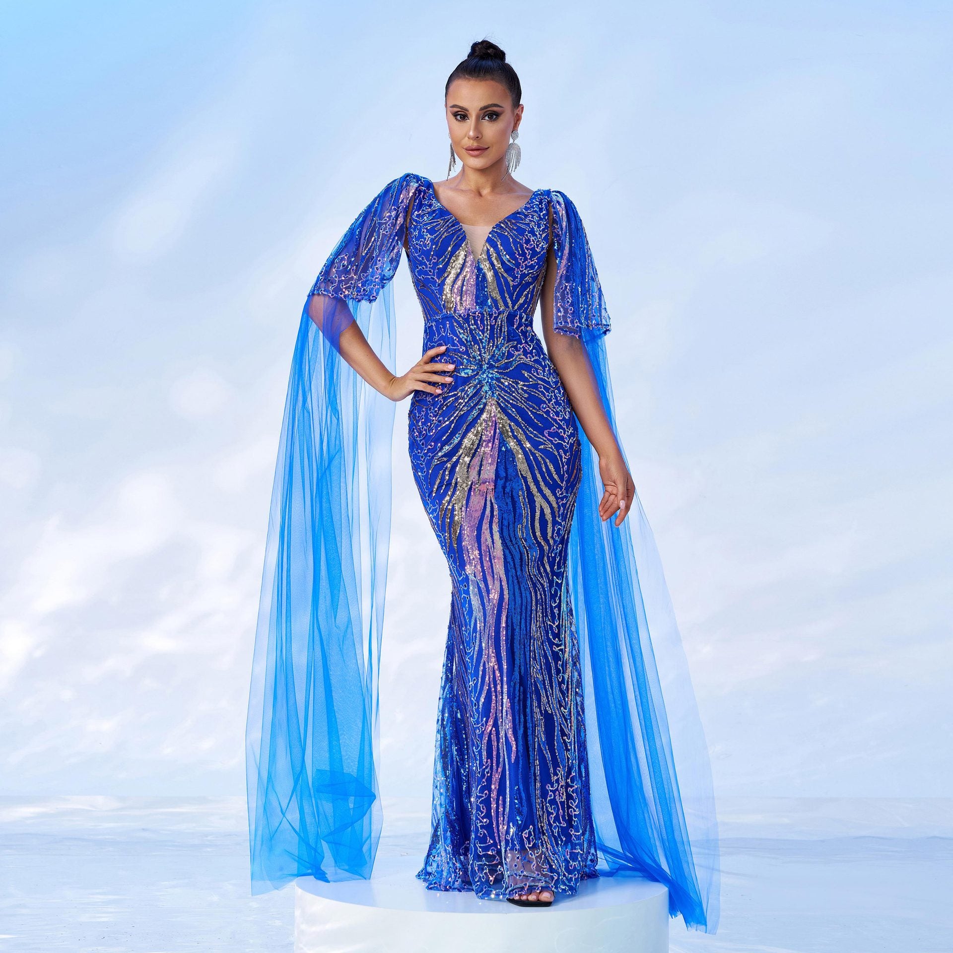 Long Sleeved Elegant V neck Long Sequined Online Cocktail Evening Dress Bridesmaid Dress for Women