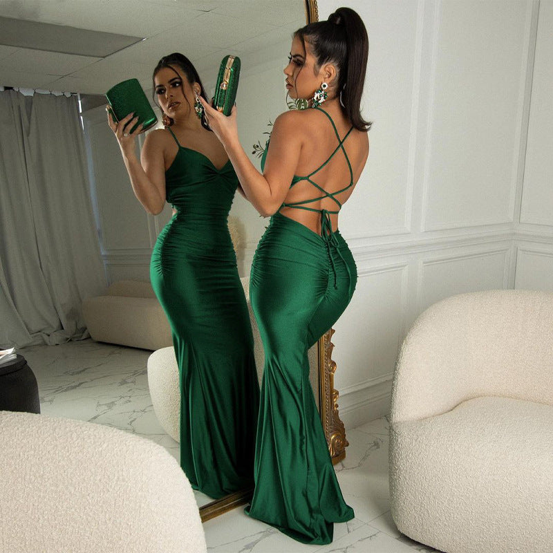 Satin Spaghetti Strap V-Neck Ruched Bodycon Mermaid Maxi Gown 2