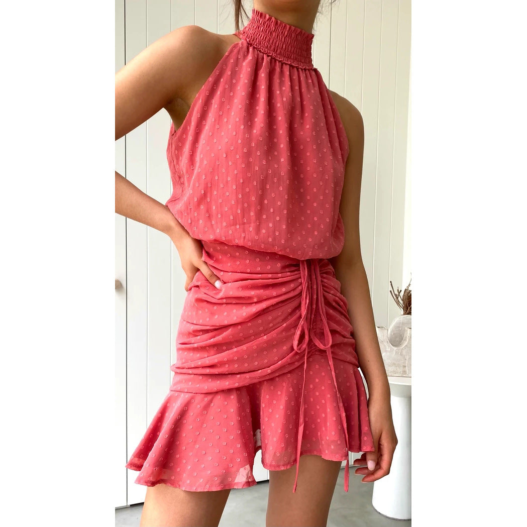 Swiss Dot Chiffon Smocked Halter Neck Drawstring Ruched Ruffle Hem Mini Dress