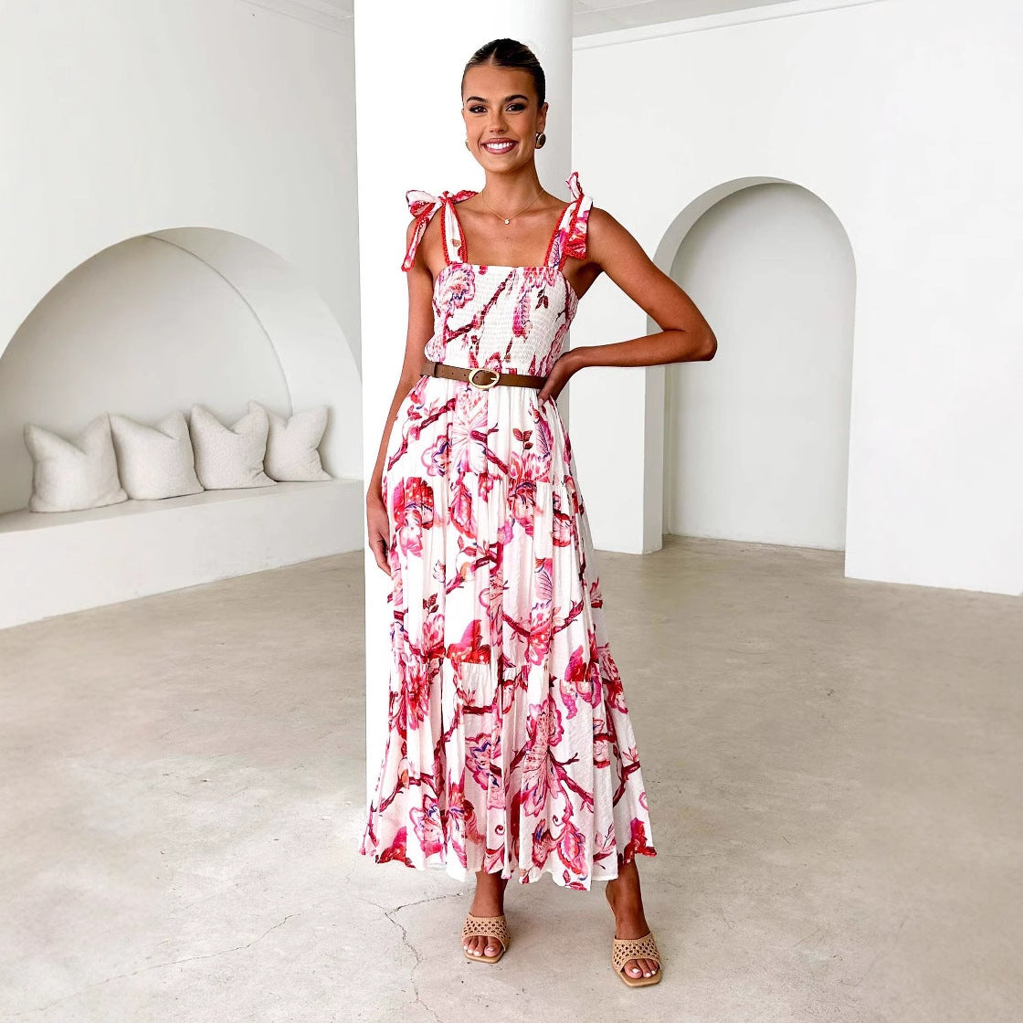 Watercolor Print Smocked Bodice Tie Shoulder Strap Tiered Maxi Dress 6