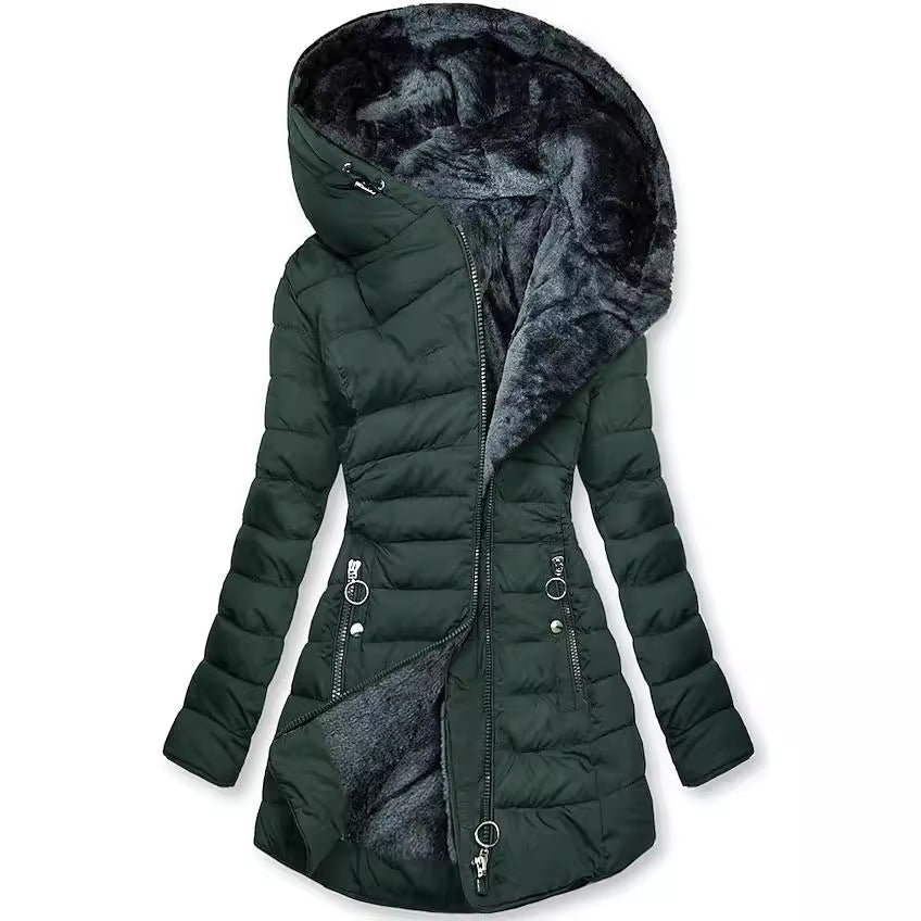 Hooded Fleece Lined Zip Front Quilted Puffer Coat 2