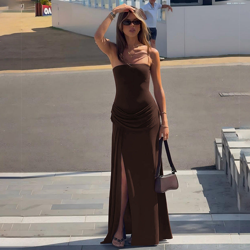 Strapless Ruched Hip High Split Tube Maxi Dress 6