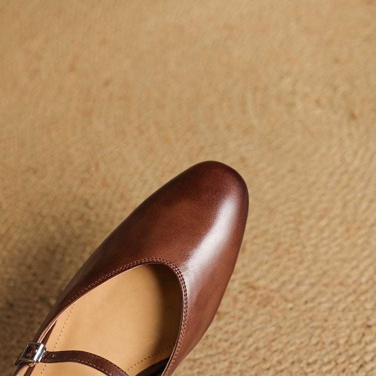 Round Toe Ankle Strap Low Block Heel Mary Jane Flats
