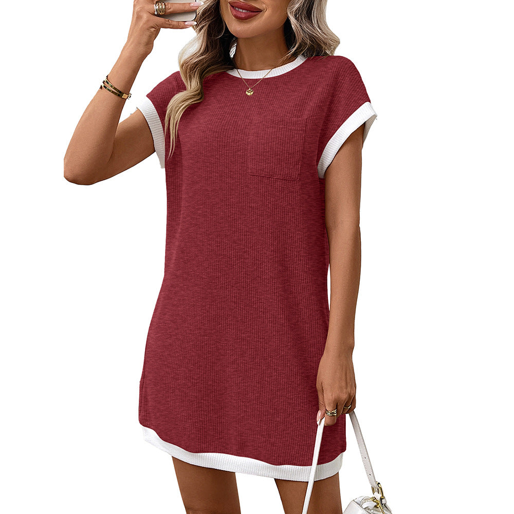 Ribbed Knit Contrast Trim Cap Sleeve Patch Pocket Shift Mini Dress 7