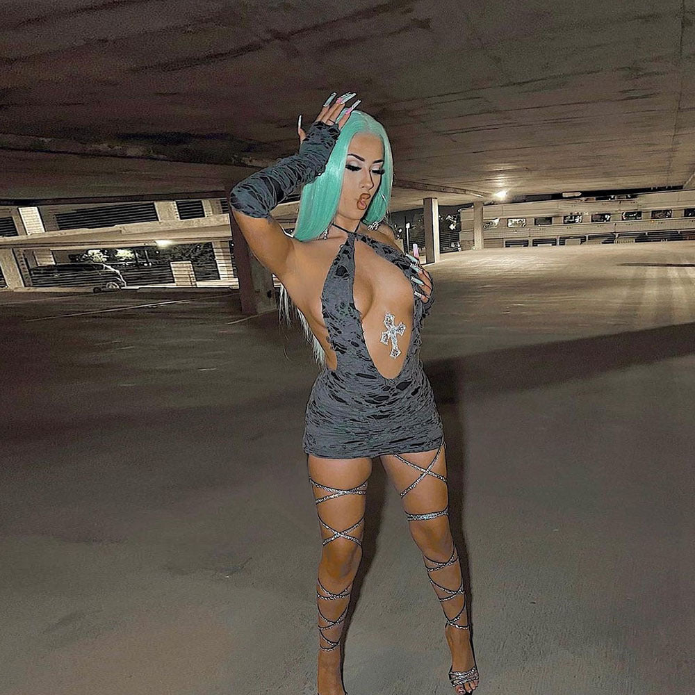 Distressed Ripped Halter Neck Cut Out Backless Bodycon Mini Dress 2