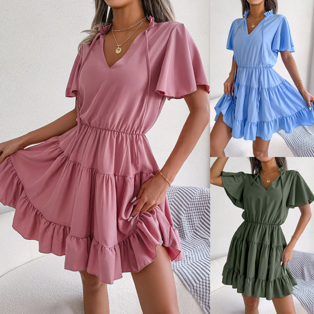 Tie Neck V-Neck Flutter Sleeve Tiered Ruffle Hem Mini Dress 5