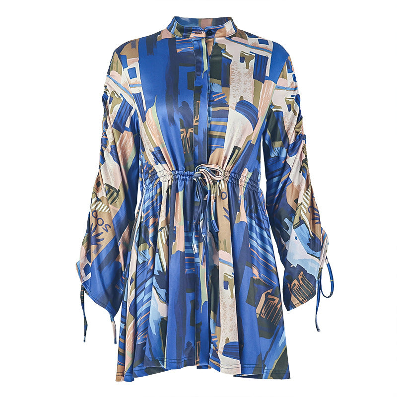 Women Clothing Printed French Socialite Color Matching A line Dress V neck Long Sleeve Loose Short Dress
