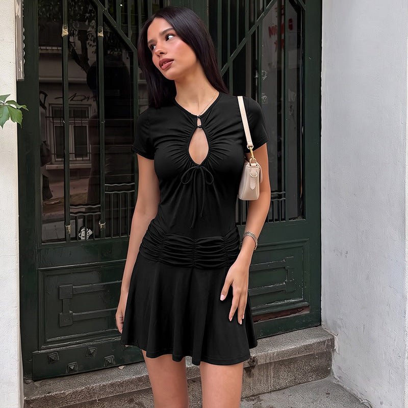 Summer Women Solid Color Short Sleeve Sexy Chest Hollow Out Cutout out Tied Pleated Slim Dress for Women