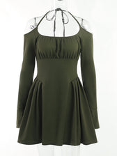 Green Cold Shoulder Dress With Fairycore Vibes S / Long Sleeve Skater Dress