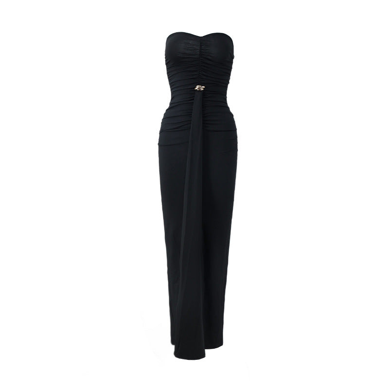 Strapless Sweetheart Ruched Draped Front Maxi Gown with Gold Hardware 7