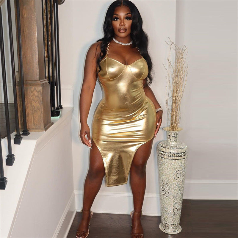 Metallic Chain Strap Bustier Side Split Bodycon Midi Dress 4