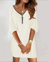 Cable Knit Zip V-Neck Long Sleeve Sweater Mini Dress 7