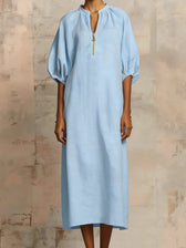 V-Neck Puff Sleeve Loose Linen Midi Dress Summer 6