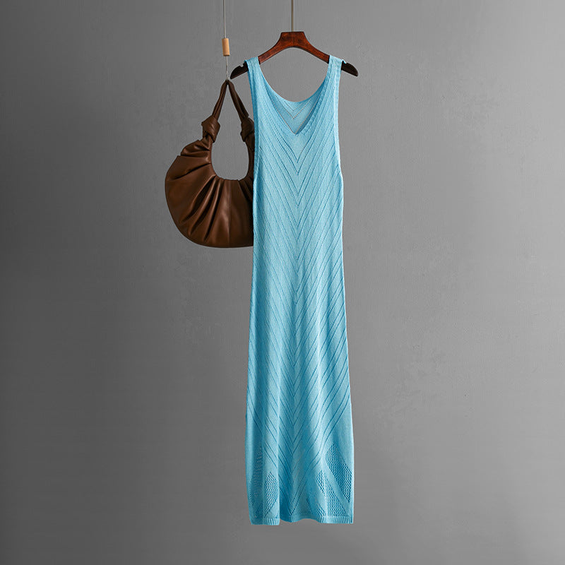 Pointelle Knit V-Neck Sleeveless Chevron Midi Tank Dress 4